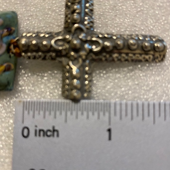 Bayong Wood Bead Necklace - Pewter Cross, Glass Bead, Carved Bone Bead - Picture 10 of 13